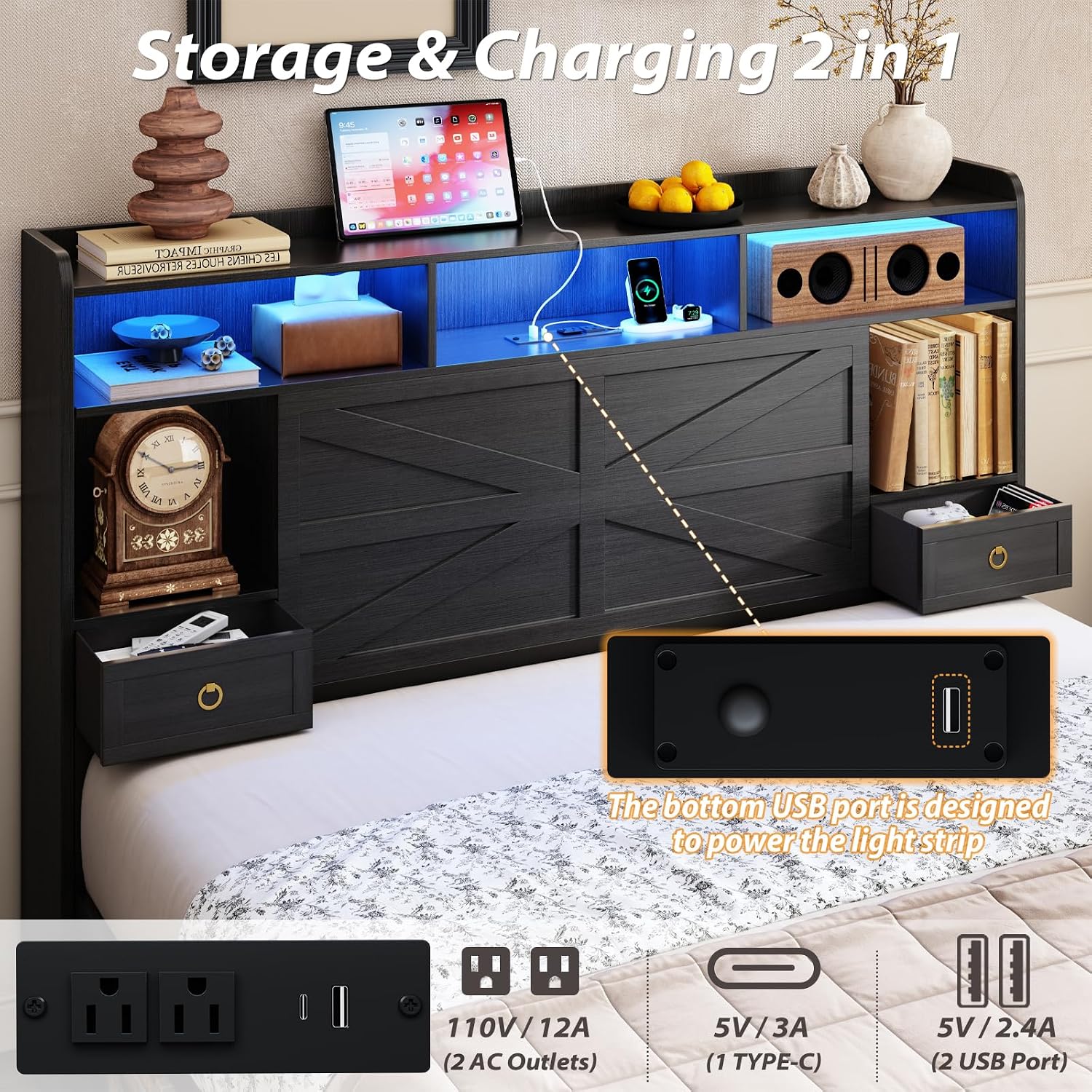 TIGUBFRE Queen Bed Frame with Storage Headboard, Farmhouse Wood Bed Frame Queen Size with 4 Drawers, LED Light & Charging Station, Metal Slats Support, Noise Free, No Box Spring Needed, Rustic Black