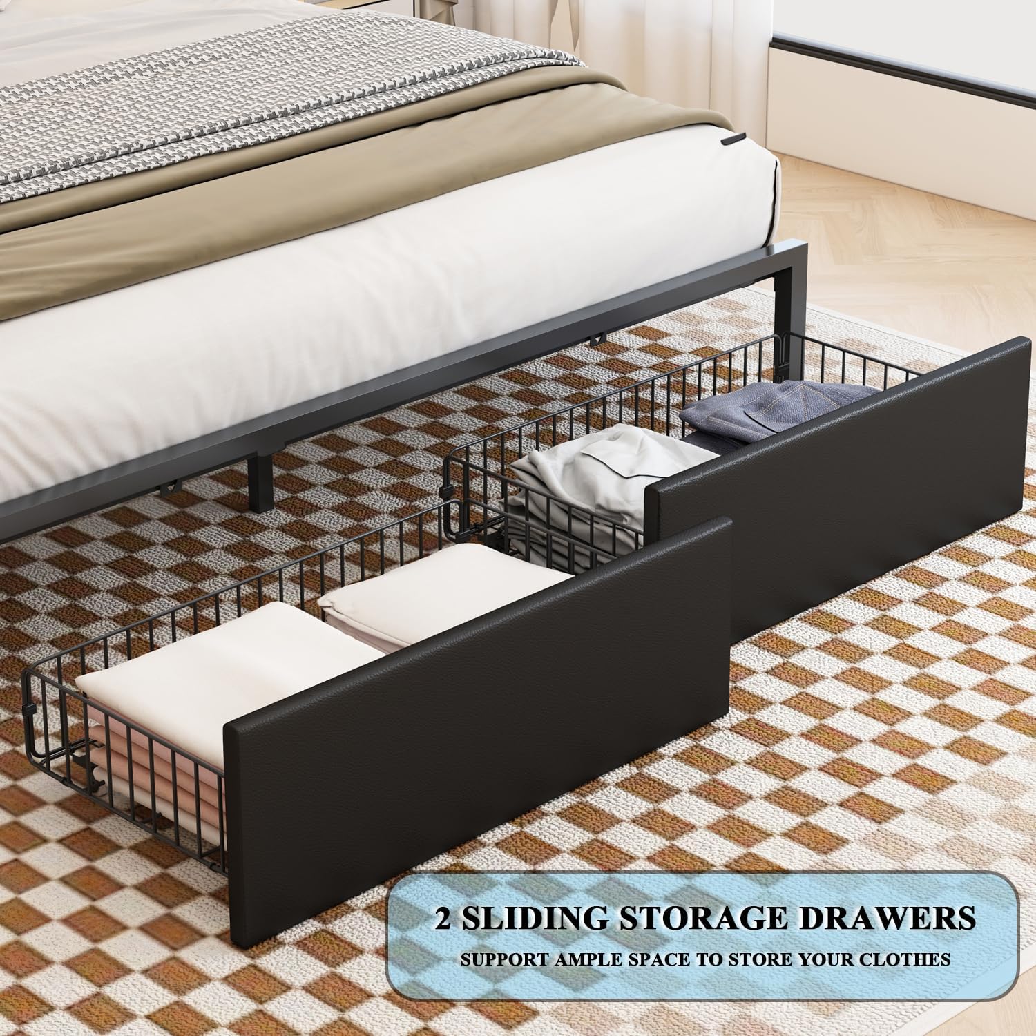 TIGUBFRE LED Bed Frame Full Size with Bookshelf PU Leather Headboard, 2 Hidden Storage Drawers, Upholstered Platform Bed with Charging Station, Metal Slats Support, Noise Free, No Box Spring Needed