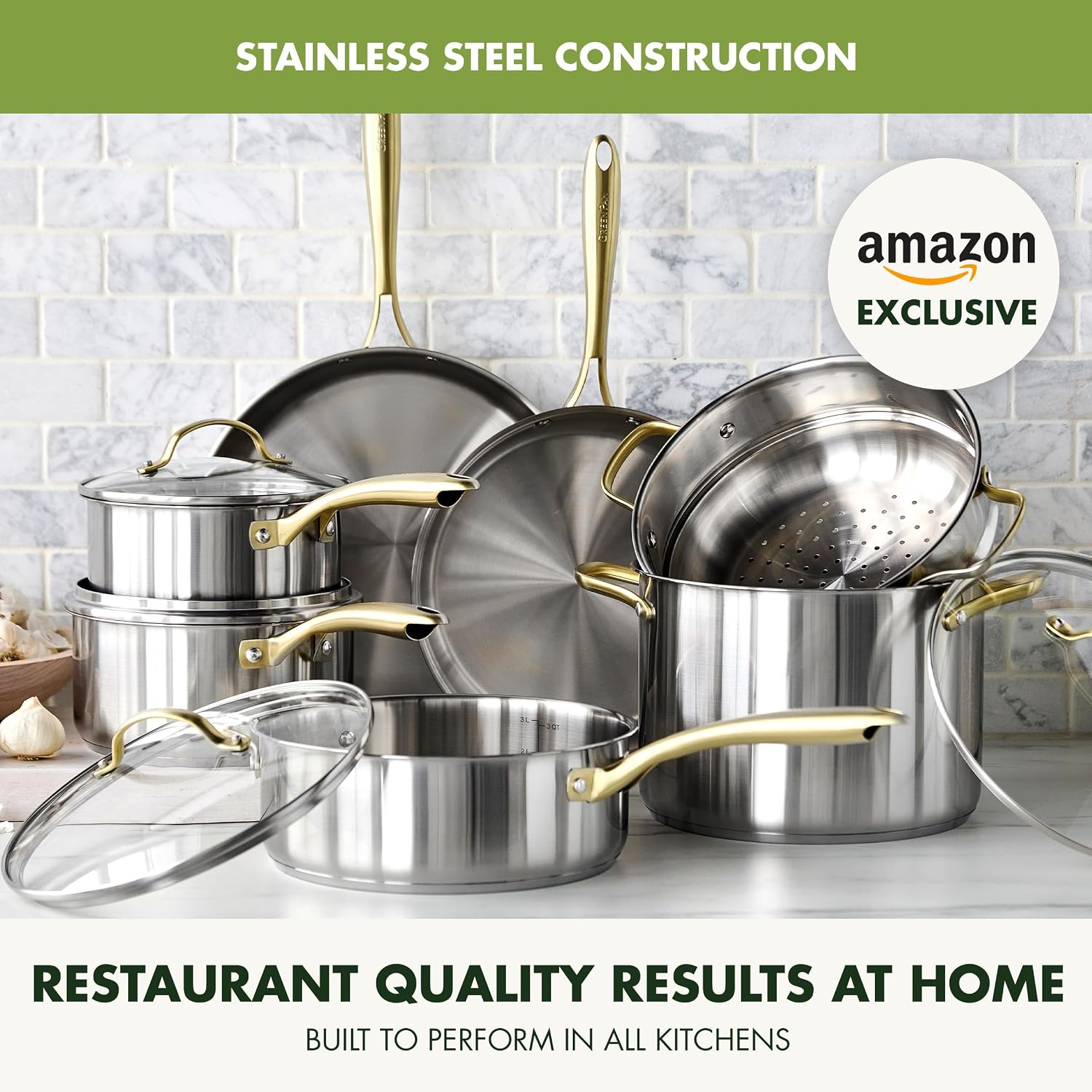 GreenPan Stainless Steel Cookware Set, 11 Piece, Induction Cookware, Dishwasher Safe, Oven Safe to 600F, Large 8QT Stock Pot, Sauce, Saute, Frying Pans, Pots & Pans Kitchen Essentials, Gold
