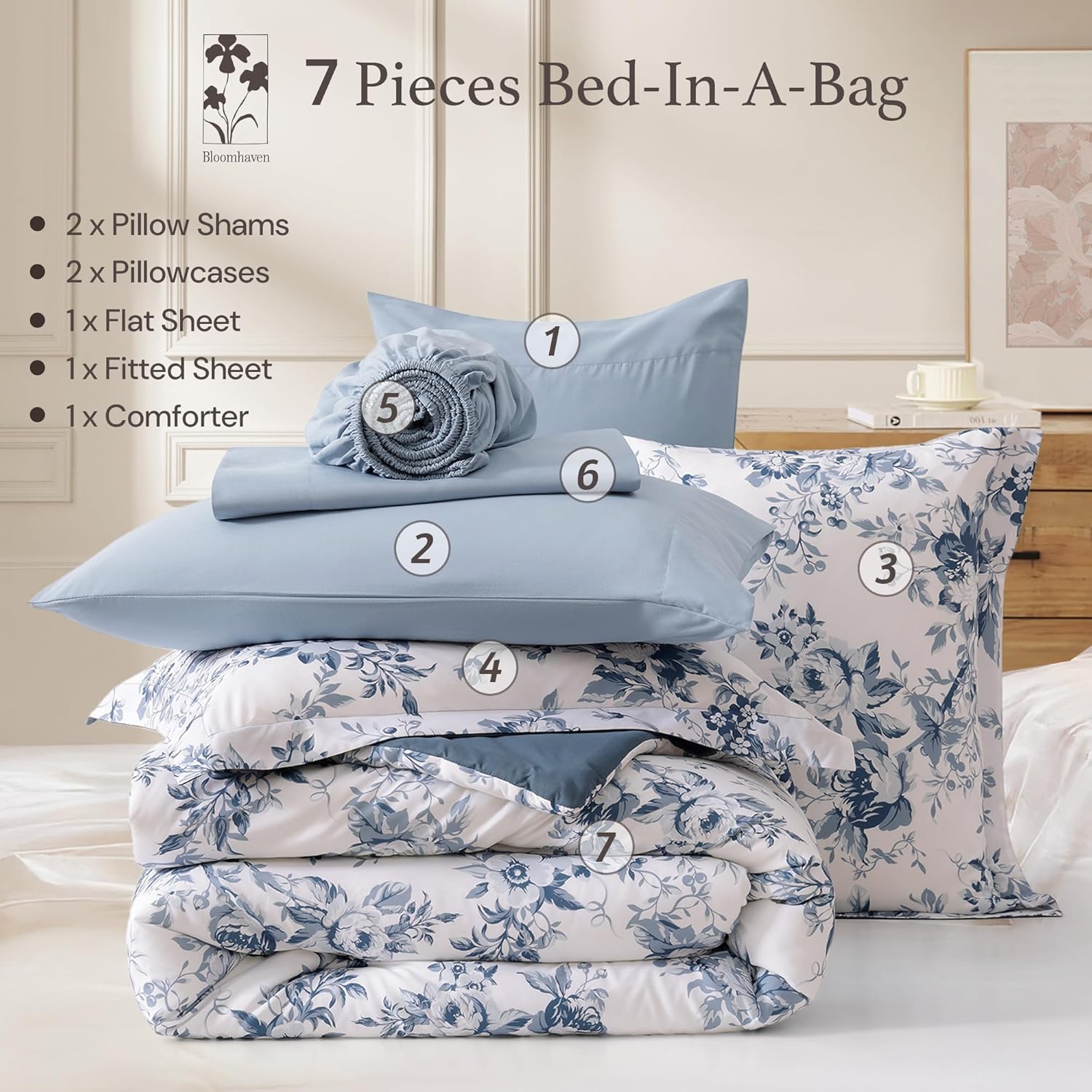 BLOOMHAVEN Oversized King Comforter Set -7 Pieces Floral Rain Washed Bedding Set for All Seasons, Bed in a Bag with Botanical Flowers Comforter, Sheets, Pillowcases & Shams