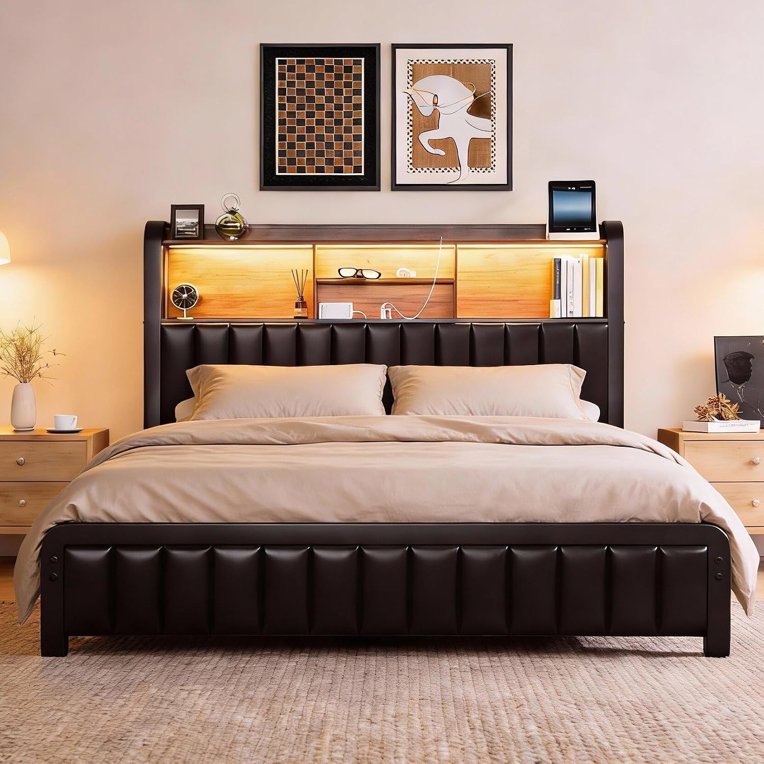 LOEWAY Full Size Bed Frame 54.3' Tall with 3-Tier Storage Headboard and PU Leather, Metal Platform Bed Frame with LED Lights and Charging Station, Noise-Free, No Box Spring Needed, Black