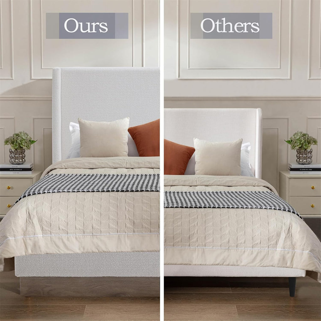 King Boucle Bed Frame with 53.1' Tall Headboard - Cream White Hosford Wingback Upholstered Platform Bed with Wood Base Bedroom Furniture Strong Mattress Wood Slats Support No Box Spring Needed