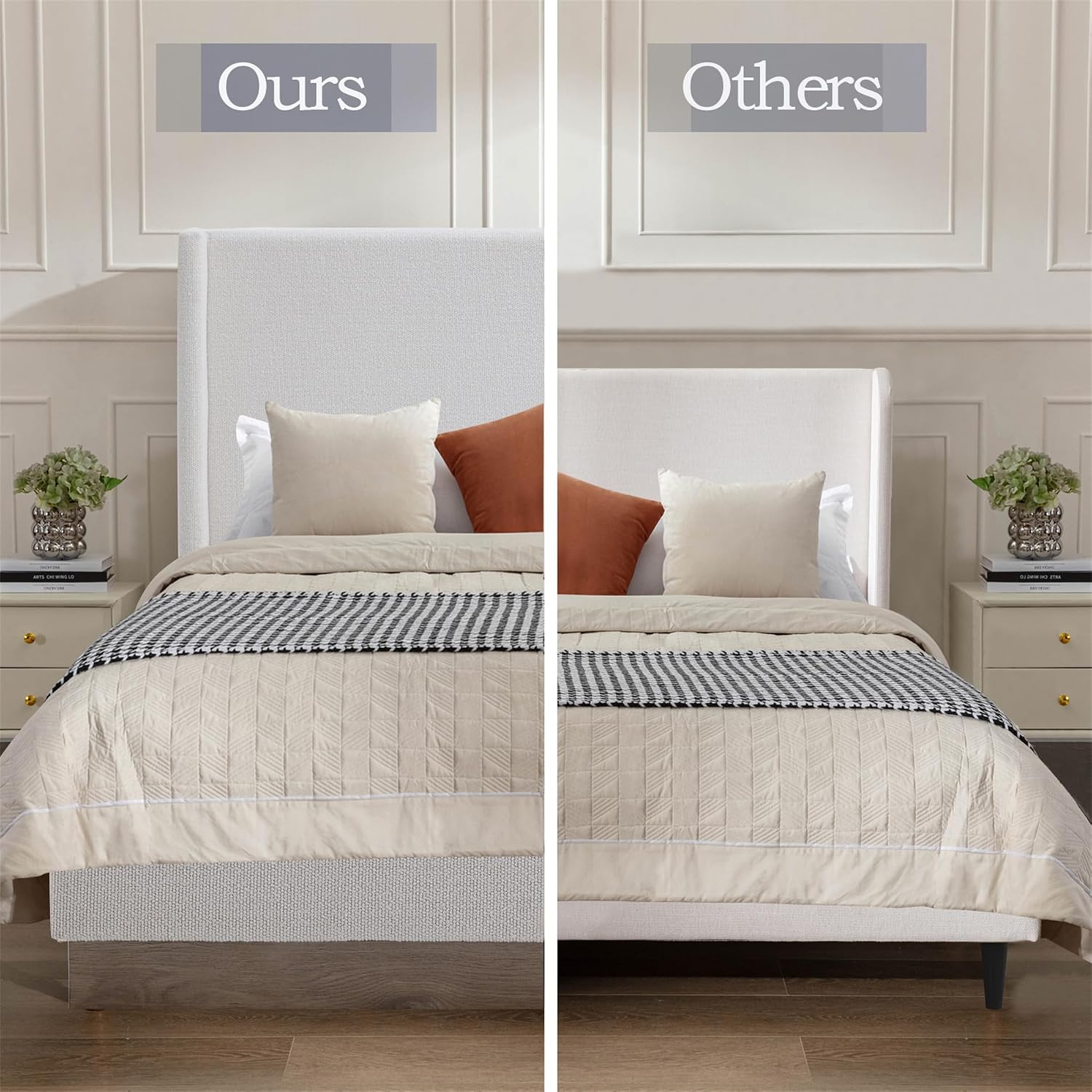 King Boucle Bed Frame with 53.1' Tall Headboard - Cream White Hosford Wingback Upholstered Platform Bed with Wood Base Bedroom Furniture Strong Mattress Wood Slats Support No Box Spring Needed