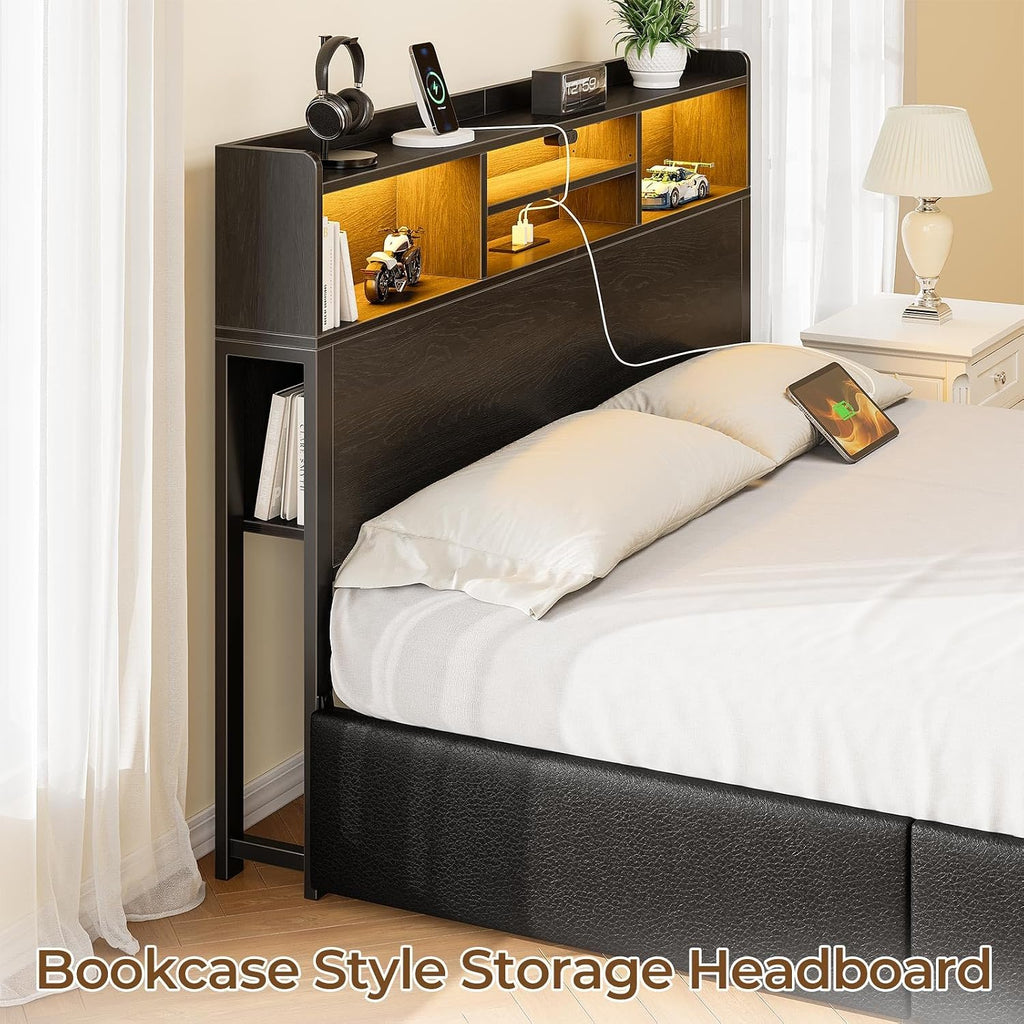 Rolanstar Full Bed Frame with Storage Headboard & 4 Drawers, Metal Platform Bed with Charging Station, LED Single Bed with Side Shelf, No Box Spring Needed, Easy Assembly, Black