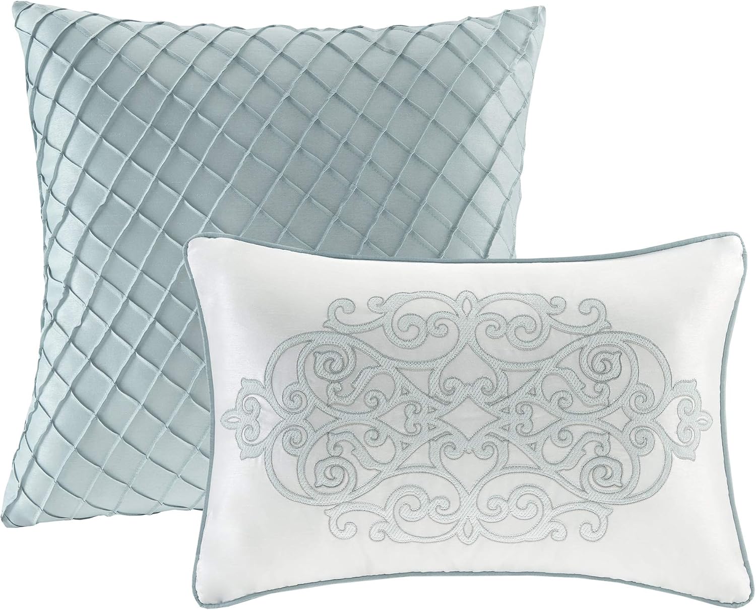 Madison Park Lavine Cozy Bed in a Bag Comforter Set, Traditional Luxe Jacquard Design All Season Down Alternative Bedding with Cotton Bed Sheets, Bed Skirt & Pillows, Queen Blue 12 Piece