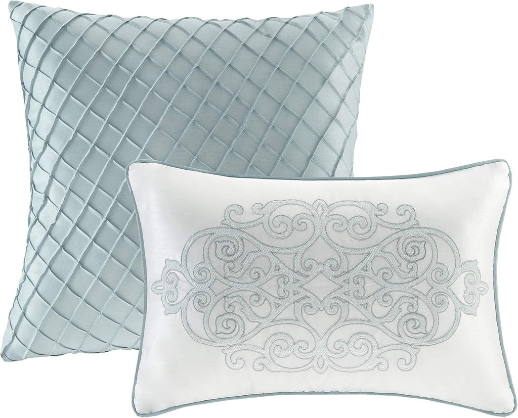 Madison Park Lavine Cozy Bed in a Bag Comforter Set, Traditional Luxe Jacquard Design All Season Down Alternative Bedding with Cotton Bed Sheets, Bed Skirt & Pillows, King Blue 12 Piece