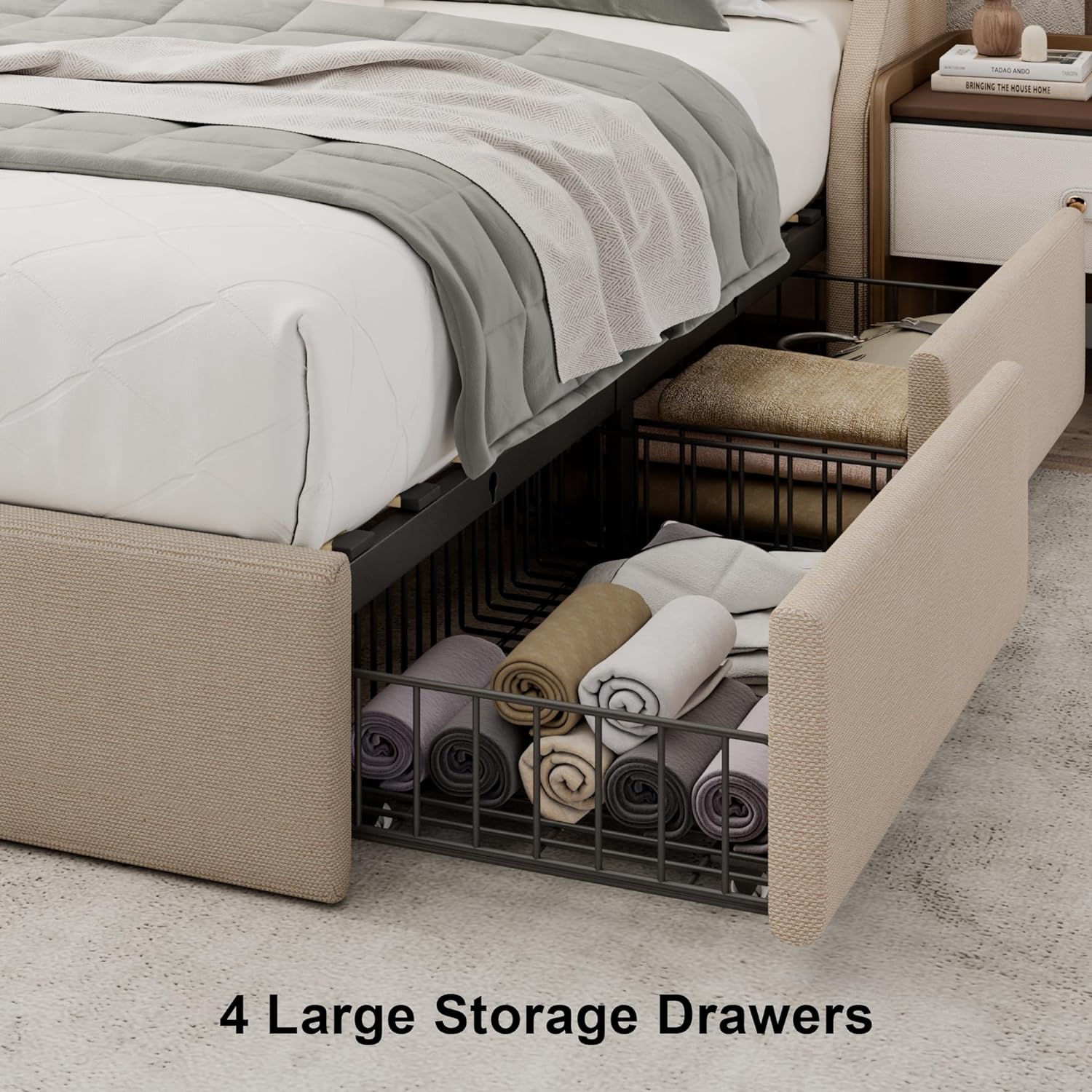Einhomn Upholstered Full Size Bed Frame with 4 Storage Drawers, Platform Bed with Wingback Headboard, Charging Station, No Box Spring Needed, Beige