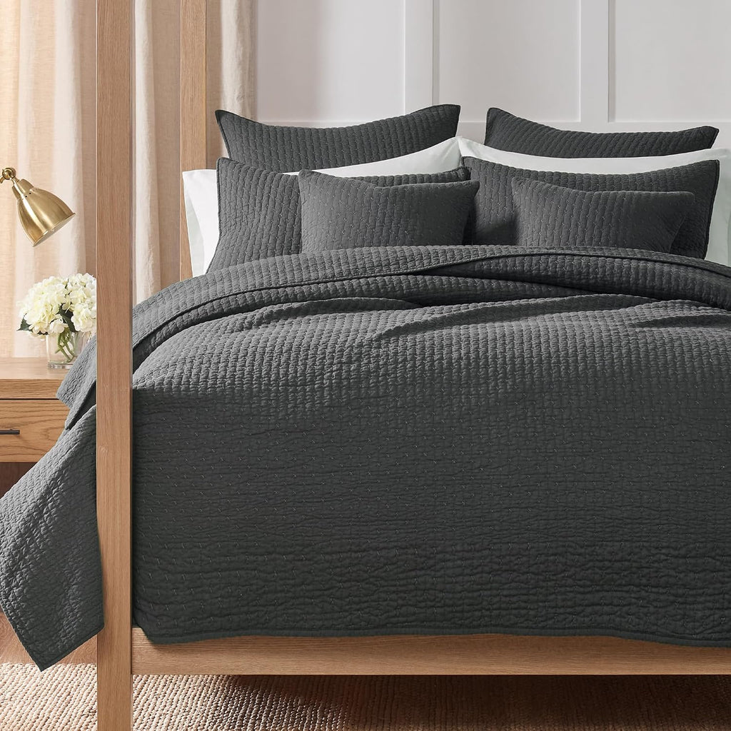 Levtex Home Cross Stitch Reversible King/Cal King Quilt Set (106x92in) and 2 Pillow Shams (36x20in) - Stitch Texture - Charcoal - Cotton King Size Quilt Bedding Set - Lightweight Soft Pre-Washed