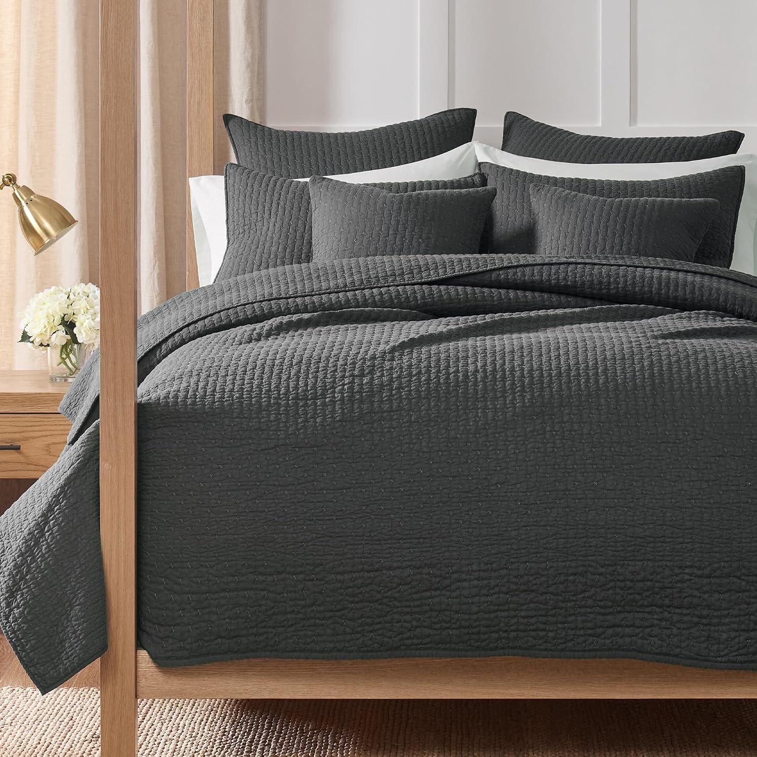 Levtex Home Cross Stitch Reversible King/Cal King Quilt Set (106x92in) and 2 Pillow Shams (36x20in) - Stitch Texture - Charcoal - Cotton King Size Quilt Bedding Set - Lightweight Soft Pre-Washed