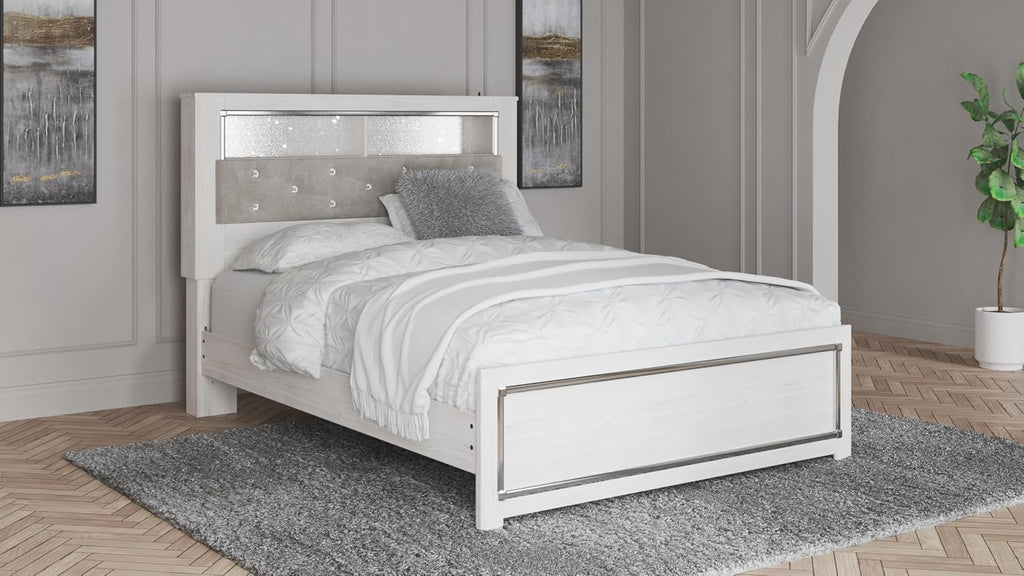 Signature Design by Ashley Altyra Glam Tufted Upholstered Queen Platform Bookcase Bed with LED Lighting, Foundation or Box Spring Not Needed, White