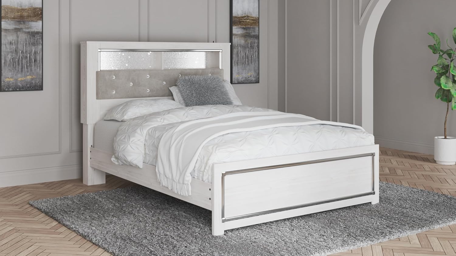 Signature Design by Ashley Altyra Glam Tufted Upholstered Queen Platform Bookcase Bed with LED Lighting, Foundation or Box Spring Not Needed, White