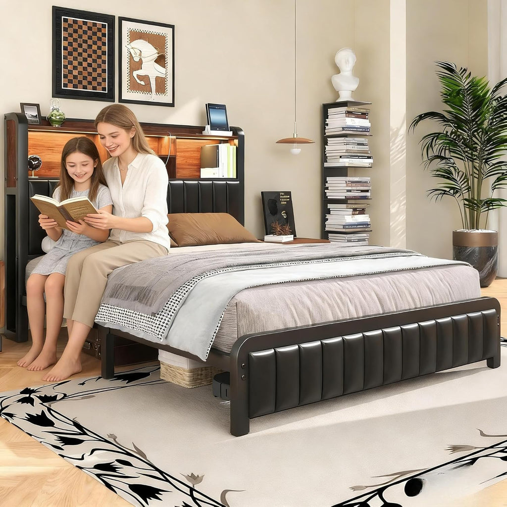 LOEWAY Queen Size Bed Frame 54.3' Tall with 3-Tier Storage Headboard and PU Leather, Metal Platform Bed Frame with LED Lights and Charging Station, Noise-Free, No Box Spring Needed, Black