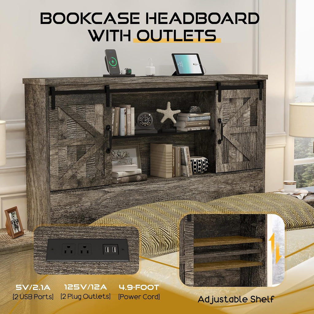 HOWE Farmhouse Queen Size Bed Frame with 51.2' Bookcase Headboard, Wooden Platform Bed with 2 Drawers, Sliding Barn Door Dec, Storage Bed with Charging Station, No Box Spring Needed, Rustic Grey