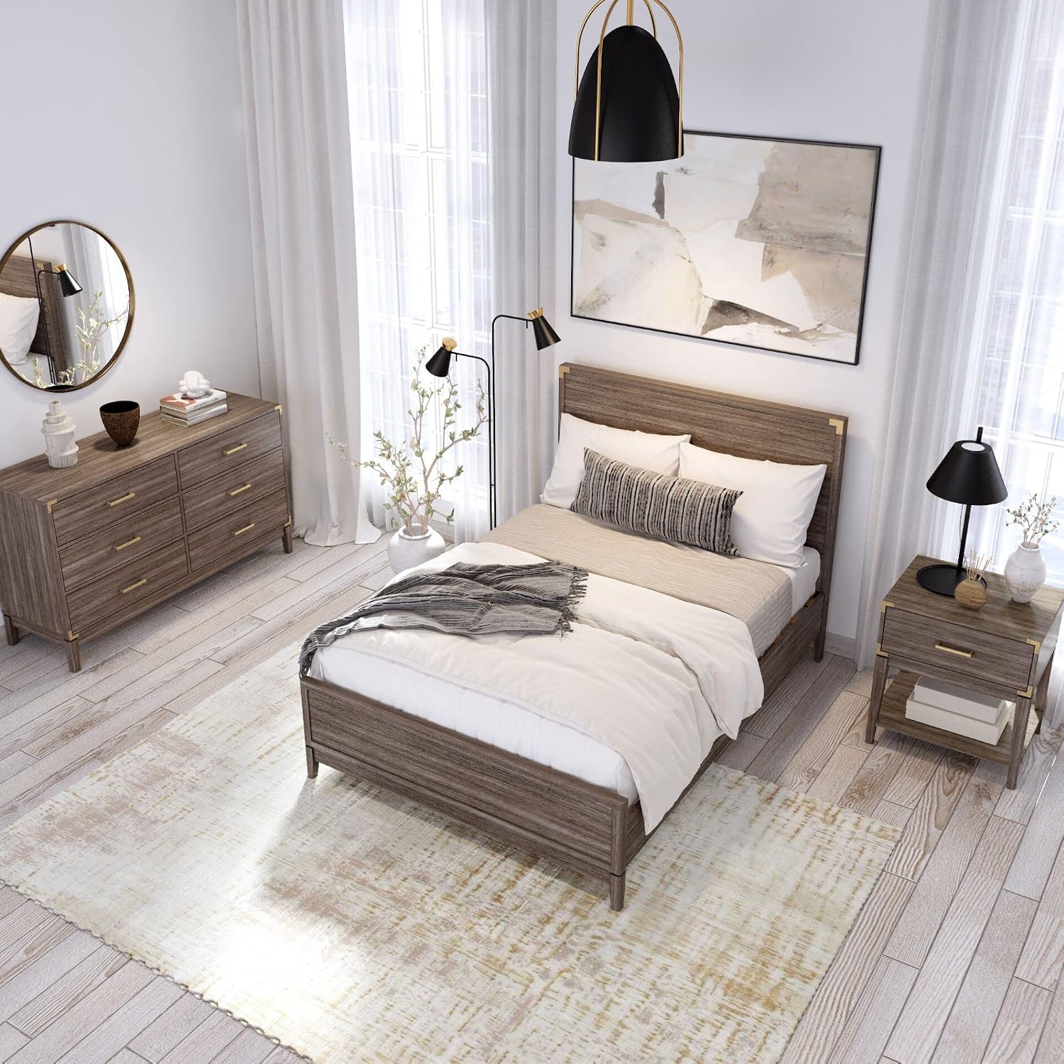 Plank+Beam Contempo Solid Wood Full Bed Frame with Panel Headboard, Modern Platform Bed with Wood Slat Support, No Box Spring Needed, Clay