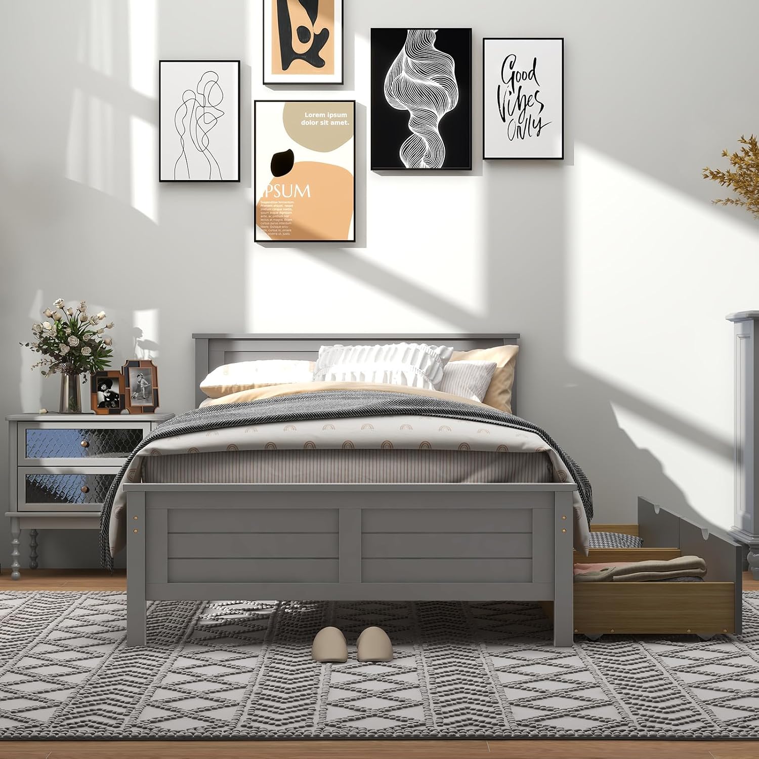 GOFLAME Twin Size Bed Frame with 2 Drawers, Platform Bed with Solid Wood Headboard & Footboard, Wood Slats Support Mattress Foundation, Under Bed Storage, No Box Spring Needed, Easy Assembly, Grey
