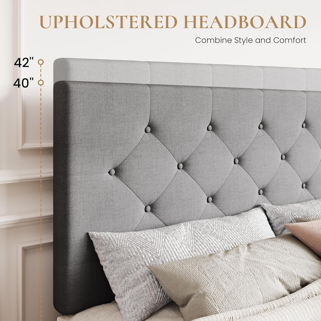 SHA CERLIN Upholstered Full Size Platform Bed Frame with 4 Storage Drawers, Adjustable Headboard with Diamond Stitched Button Tufted Design, Wooden Slat Support, No Box Spring Needed, Light Grey