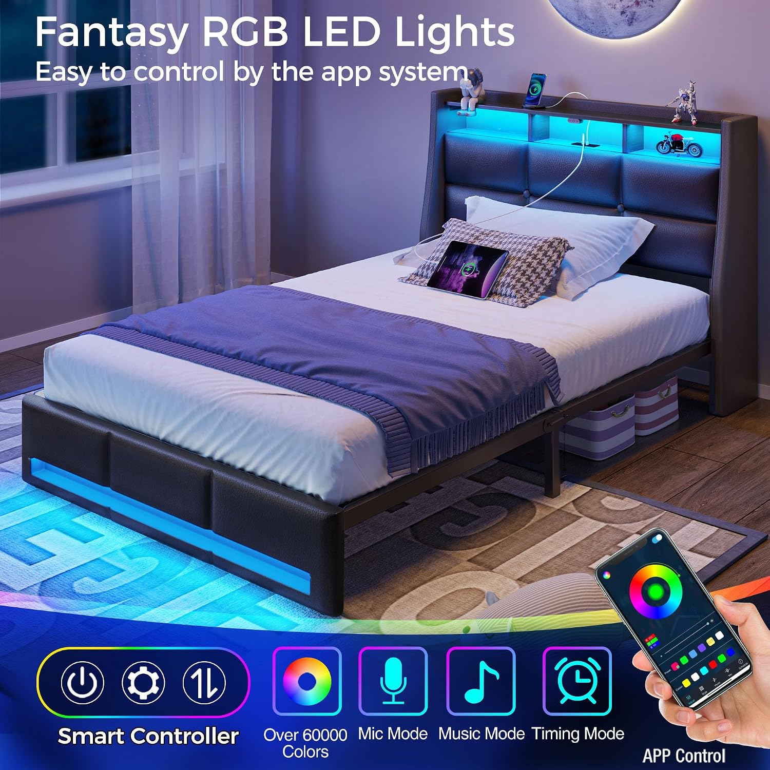 Rolanstar Twin Size Bed Frame with LED Lights and Charging Station, PU Leather Bed Storage Headboard & Drawers, Heavy Duty Wood Slats, Easy Assembly, Black