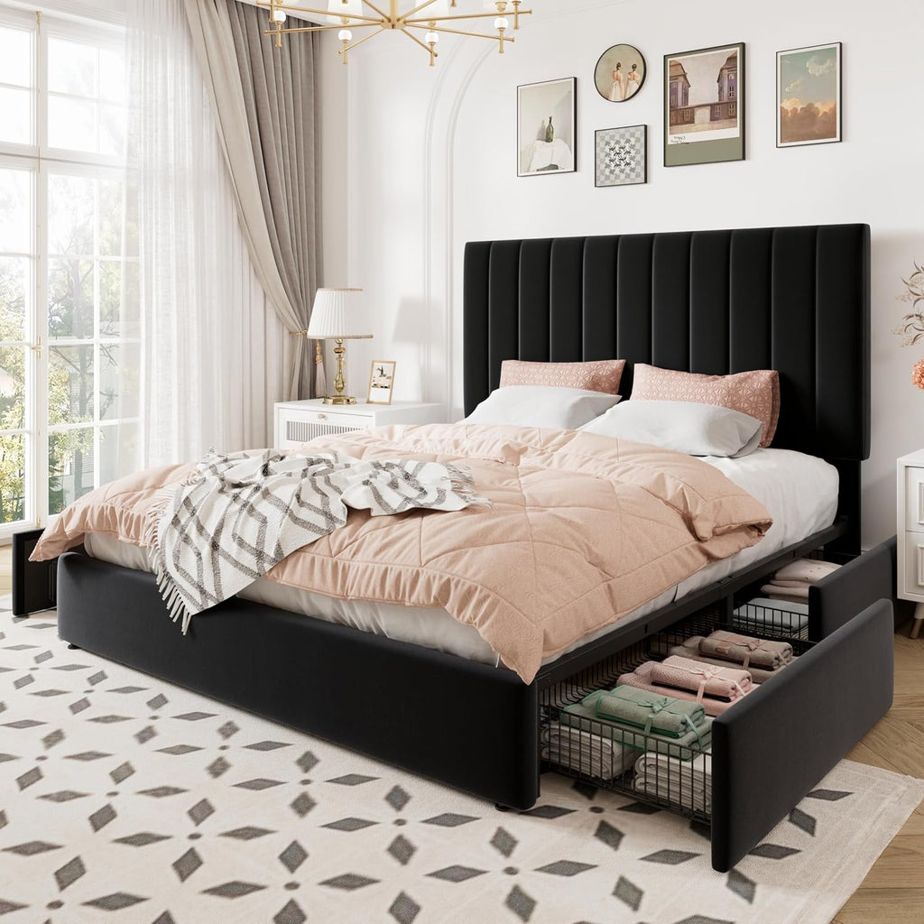 Allewie Full Size Storage Bed Frame, Vertical Channel Tufted Adjustable Headboard, Velvet Upholstered Platform Bed with 4 Oversized Underbed Drawers, Wooden Slats Support, No Box Spring Needed, Black