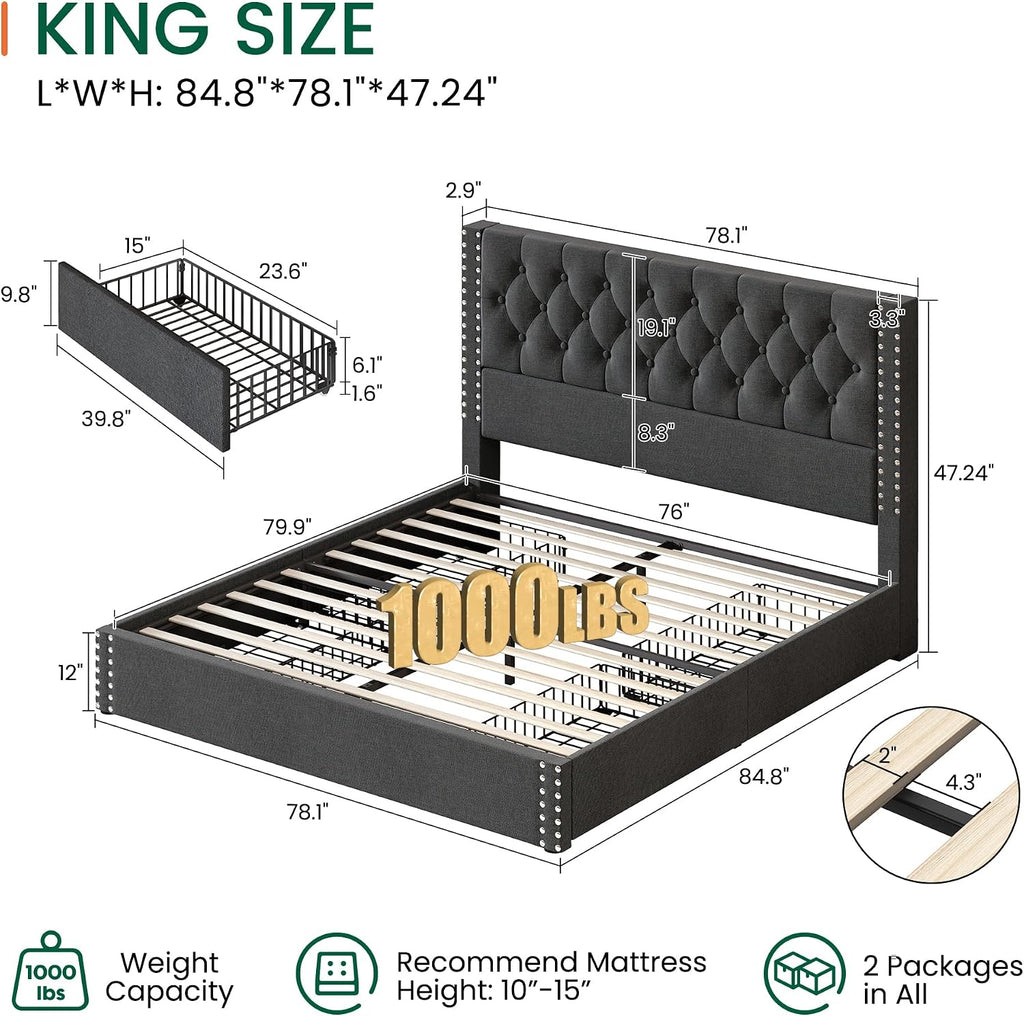 LARMACE King Size Bed Frame with 4 Storage Drawers and Tufted Headboard Linen Upholstered Platform Bed Frame with Heavy Duty Wood Slats, No Box Spring Needed, Easy Assembly, Grey