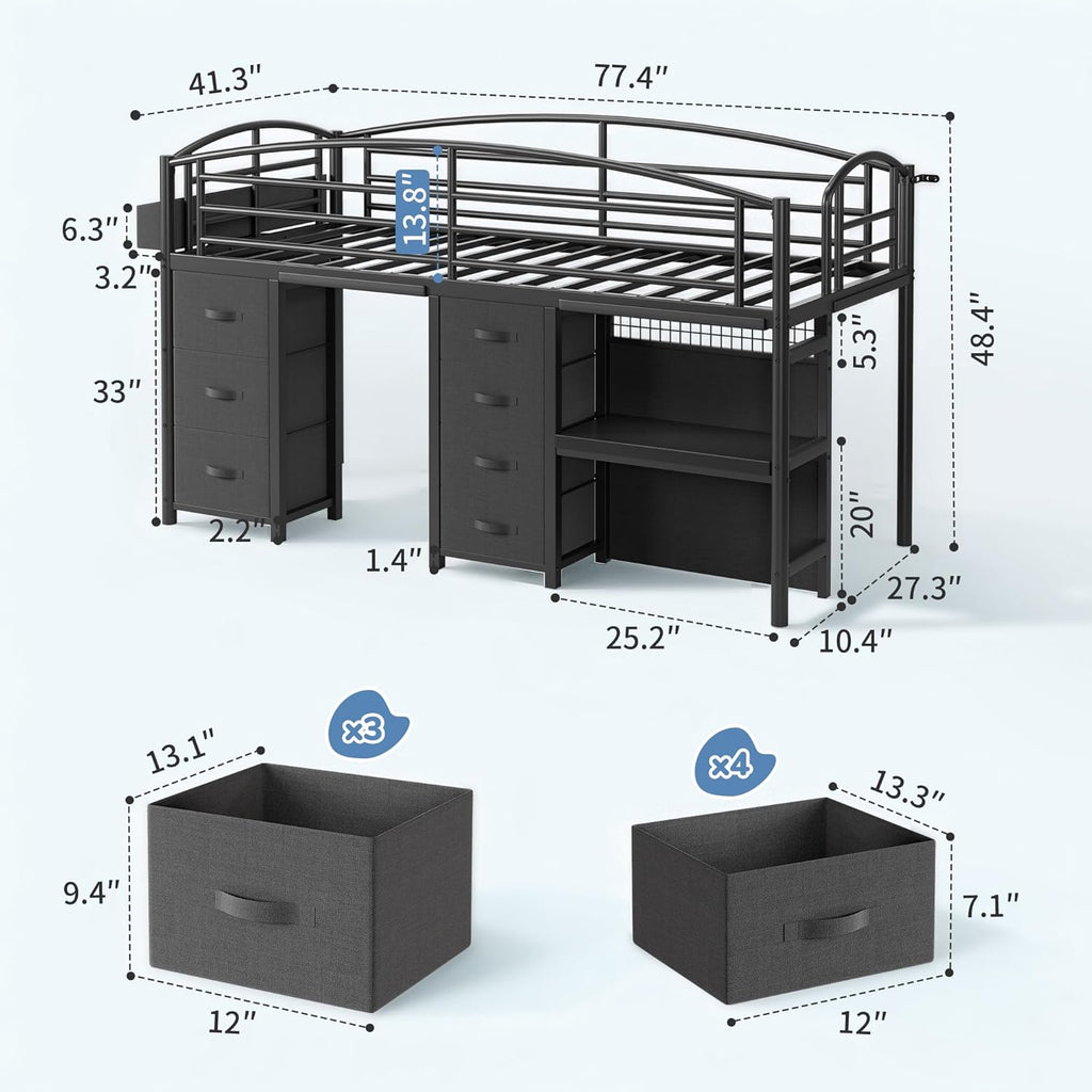 Low Loft Bed Twin Size with 7 Storage Drawers, Desk and LED Lights, Heavy Duty Metal Kids Loft Bed with 12' H Safety Guardrail, Anti-Collision Pad, Private Play Curtain, Under-Bed Play Space - Black