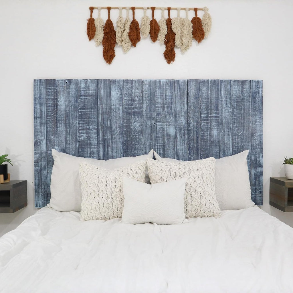 Barn Walls - Wall Mounted Floating King Size Bed Headboard - Handcrafted Solid Wood Construction - Easy No-Drill Installation - Contemporary Coastal Design - Elegant Blue Stonewash Finish, King Size