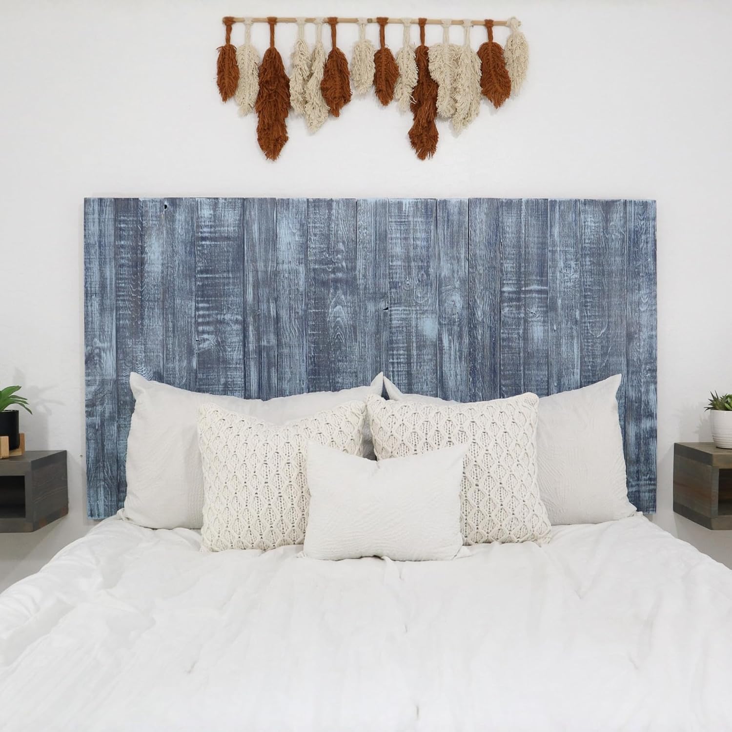 Barn Walls - Wall Mounted Floating King Size Bed Headboard - Handcrafted Solid Wood Construction - Easy No-Drill Installation - Contemporary Coastal Design - Elegant Blue Stonewash Finish, King Size