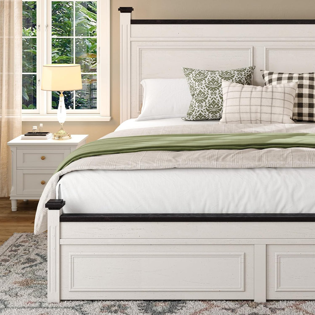 Homkdom Queen Bed Frame with Tall Headboard, Bed Frame Queen Size with 2 StorageDrawers, Farmhouse, Wooden, No Noise, No Box Spring Needed, White