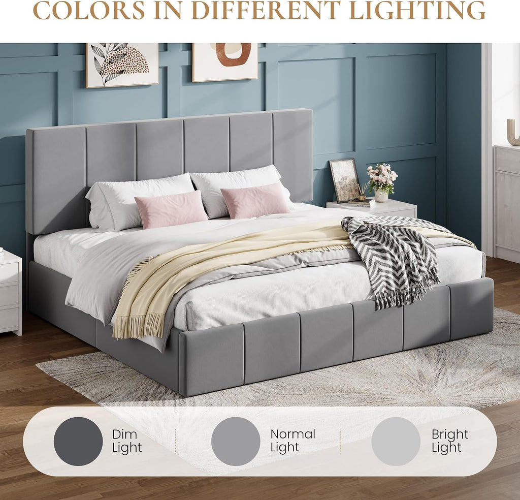 SHA CERLIN King Size Bed Frame, Velvet Upholstered Platform Bed, Vertical Channel Tufted Adjustable Headboard, Low Profile Bed Frame, No Box Spring Needed, Easy Assembly, Grey