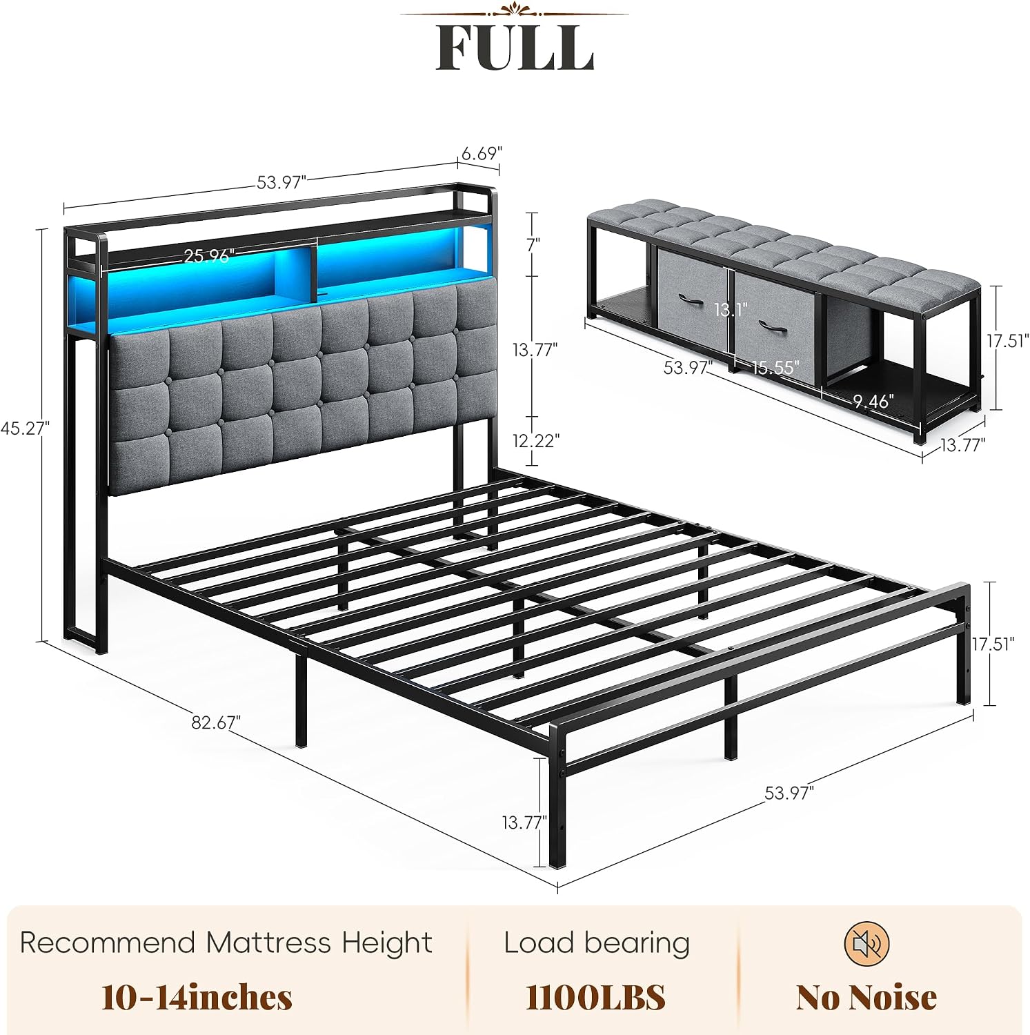 EnHomee Full Size Bed Frame with Headboard and 60' W Bed End Stool, 2 Drawers & LED & Charging Port Full Bed Frame with Storage Built in Charging Station,NO Noise,No Box Spring Needed,Gray