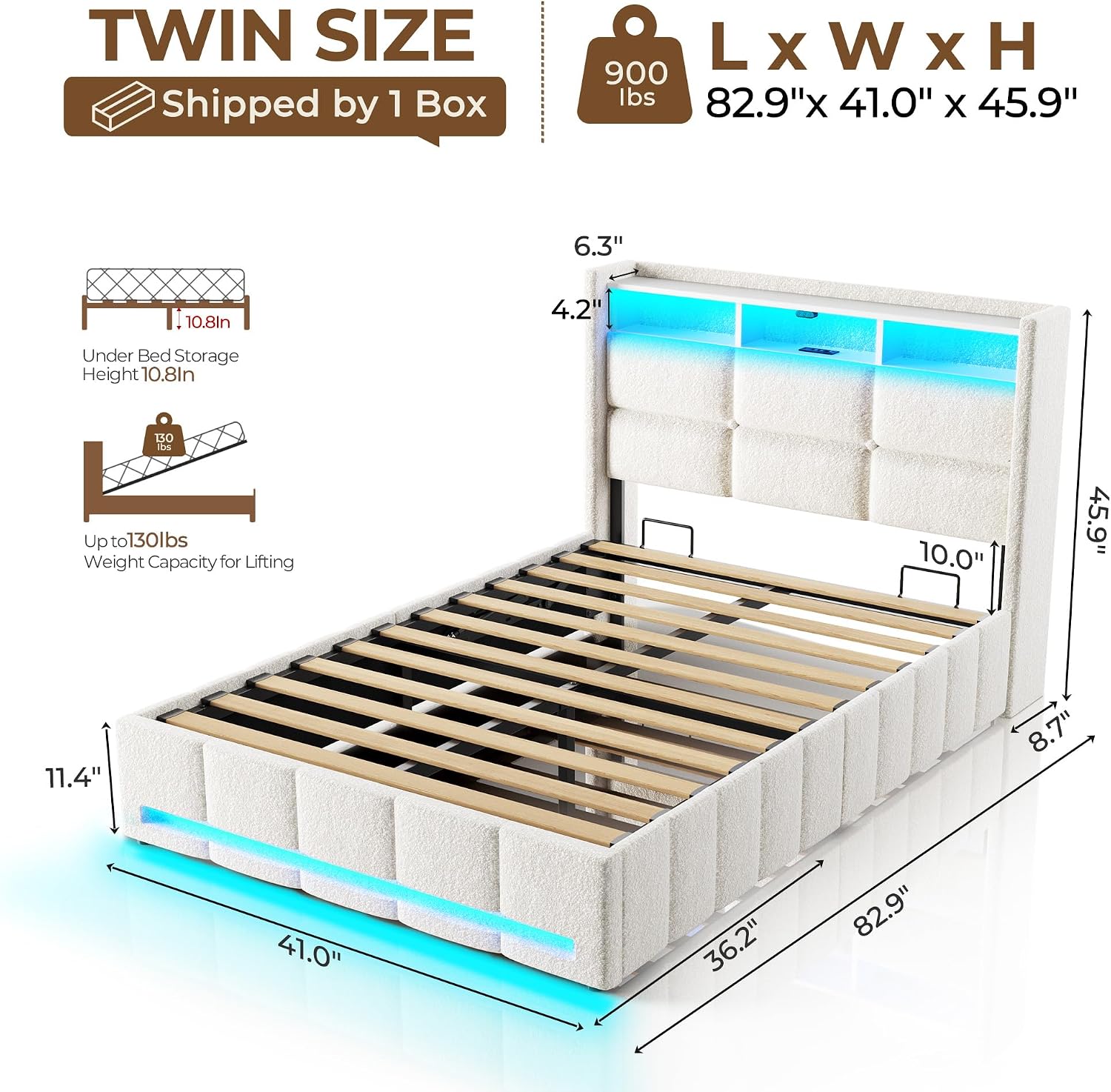Rolanstar Bed Frame Twin Size with Lift Up Storage, Charging Station & LED Lights, Upholstered Storage Headboard, Heavy Duty Wooden Slats, No Box Spring Needed, Noise Free, Easy Assembly, Beige
