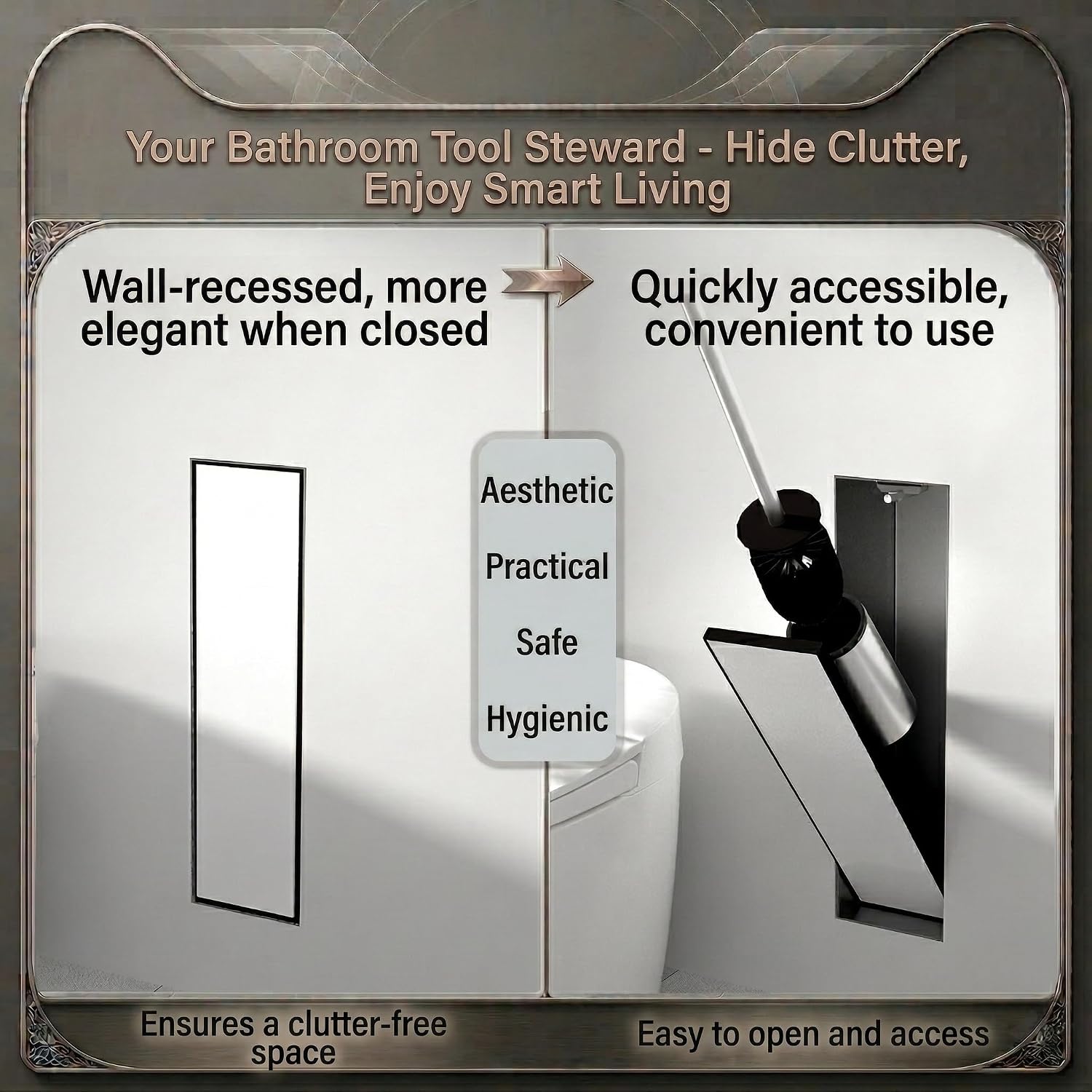 Stainless Steel Recessed Toilet Brush Holder - Invisible in-Wall Bathroom Niche Cabinet with Tileable Door, Enclosed Storage, Hygienic & Space-Saving (Matte Black ，45x12x12 cm)