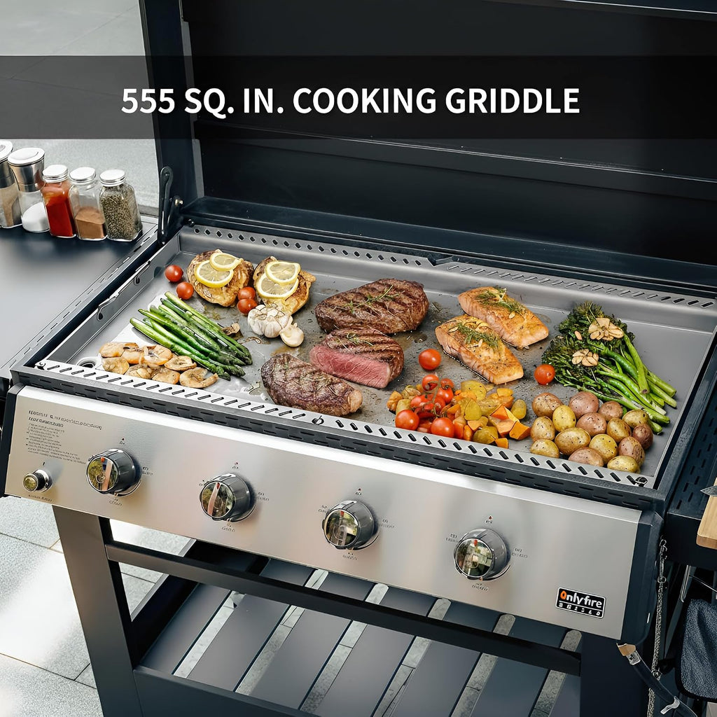 ONLYFIRE GRILLS Heavy Duty Propane Gas Griddle 4-Burner with Waterproof Cover, Premium Flat Top Gas Grill with 555 sq.in Cooking Area, Outdoor BBQ Stove for Patio Barbecue Backyard Party, GS352