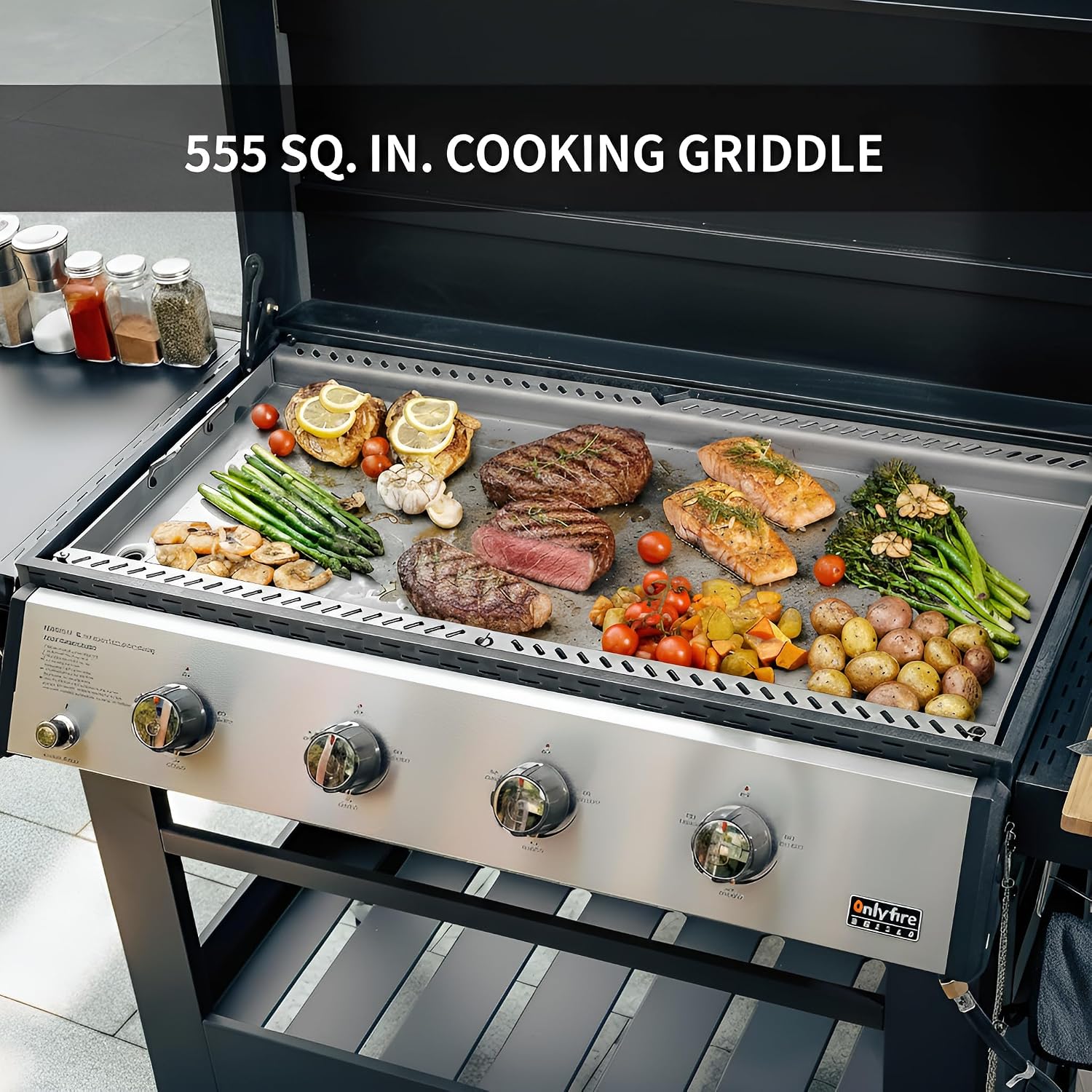 ONLYFIRE GRILLS Heavy Duty Propane Gas Griddle 4-Burner with Waterproof Cover, Premium Flat Top Gas Grill with 555 sq.in Cooking Area, Outdoor BBQ Stove for Patio Barbecue Backyard Party, GS352