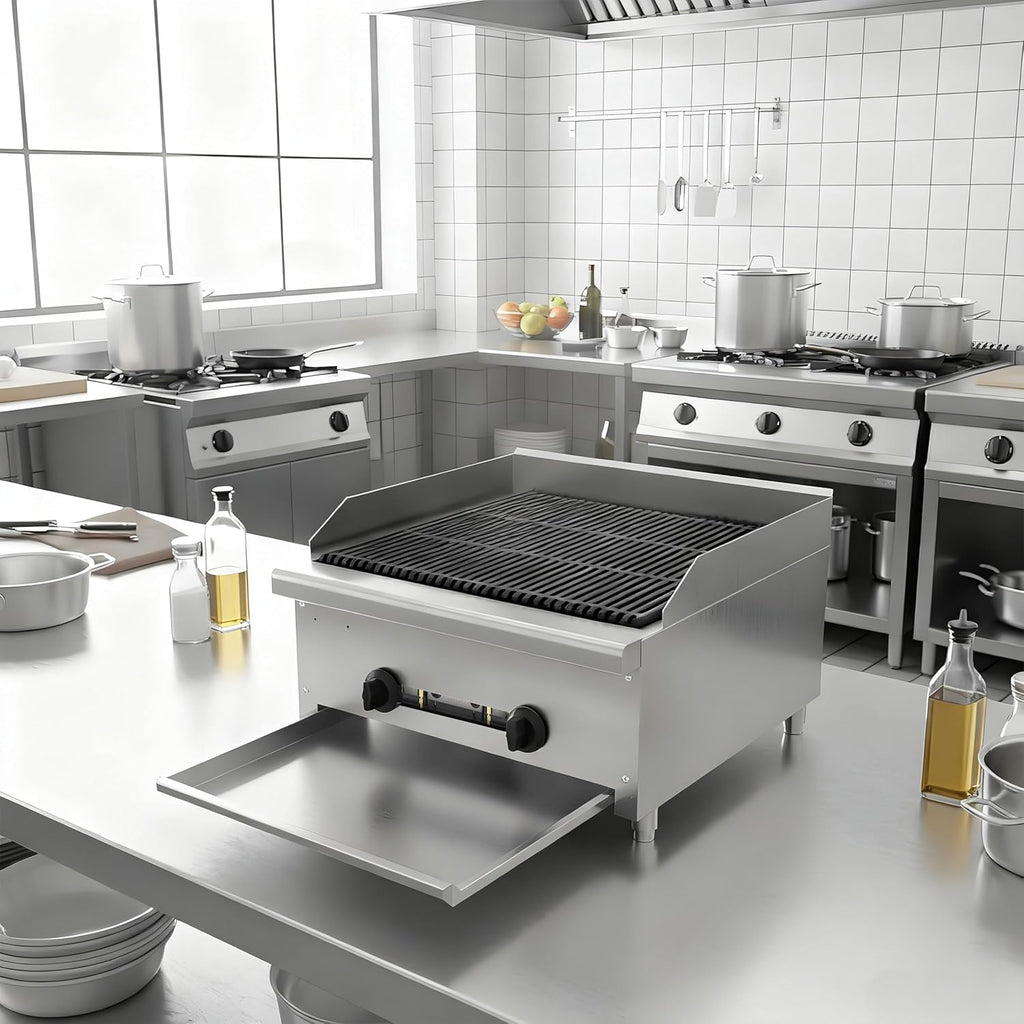 24 Inch Commercial Gas Lava Rock Charbroiler, 2 Burner Stainless Steel Countertop Grill with Durable Cast Iron Grates, BBQ Broiler for Restaurants, Natural Gas/Propane, 56000 BTU