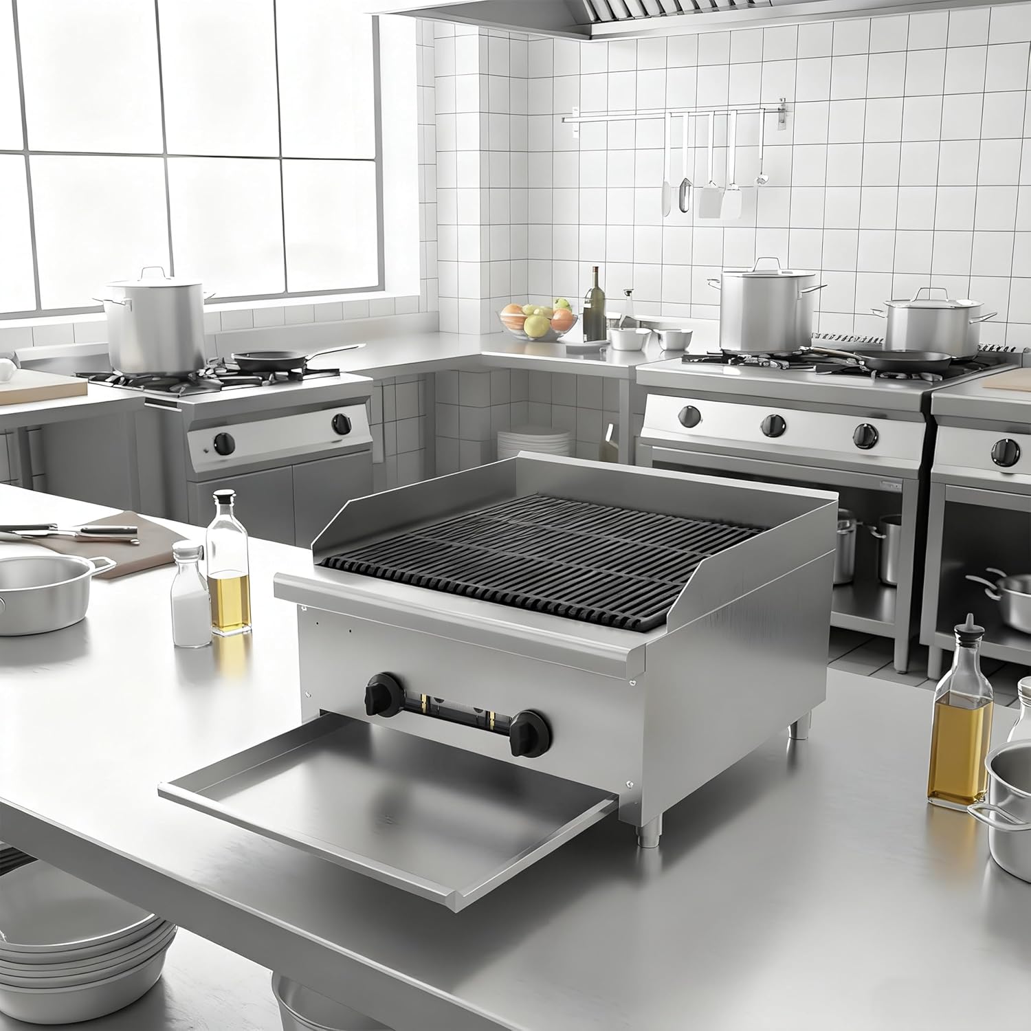 24 Inch Commercial Gas Lava Rock Charbroiler, 2 Burner Stainless Steel Countertop Grill with Durable Cast Iron Grates, BBQ Broiler for Restaurants, Natural Gas/Propane, 56000 BTU