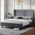 HOWE King Size Bed Frame with 50.8' Tall Wingback Headboard, Modern Corduroy Upholstered Platform Bed Frame with Solid Wood Slats & Legs, No Box Spring Needed, Noise-Reducing Design, Grey
