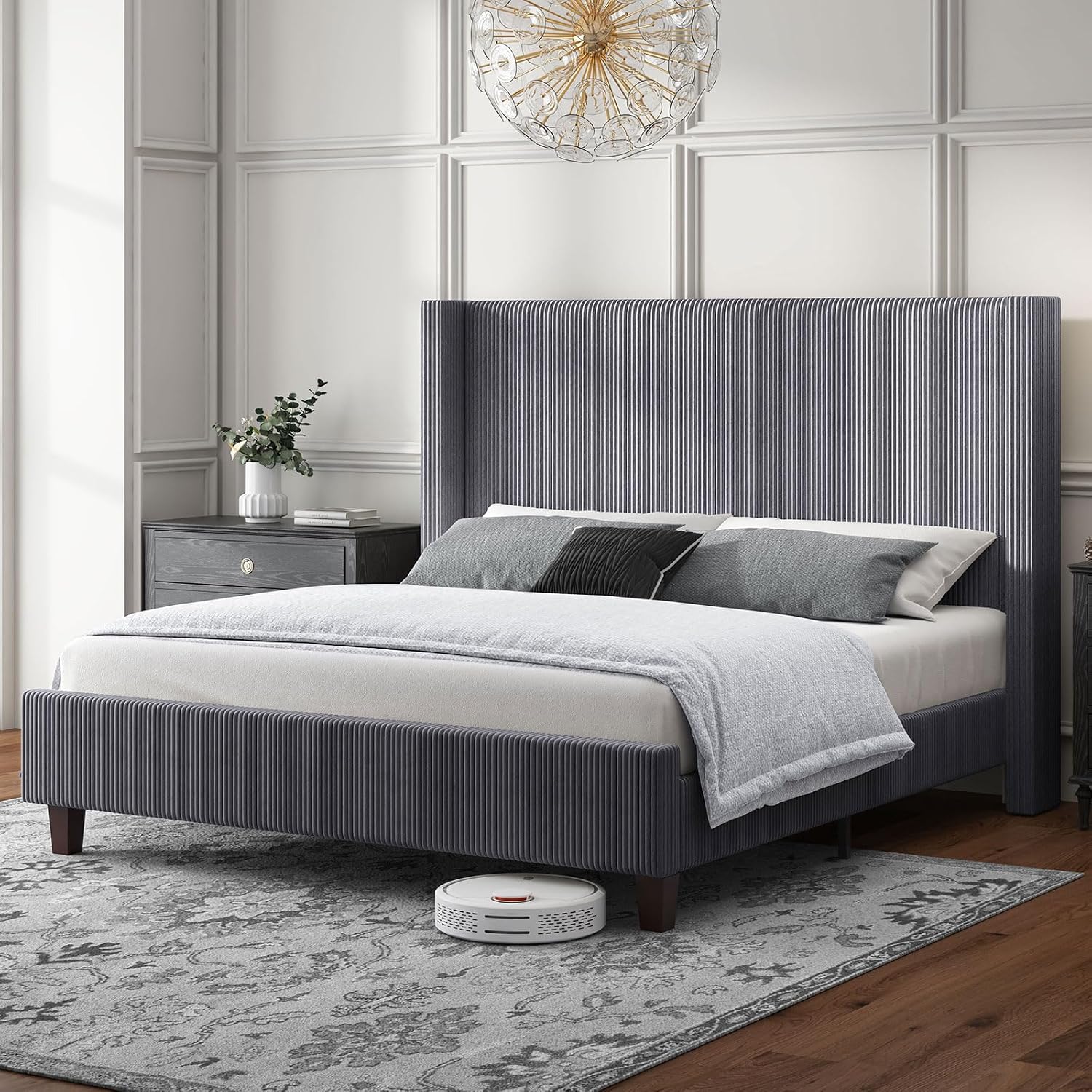 HOWE King Size Bed Frame with 50.8' Tall Wingback Headboard, Modern Corduroy Upholstered Platform Bed Frame with Solid Wood Slats & Legs, No Box Spring Needed, Noise-Reducing Design, Grey
