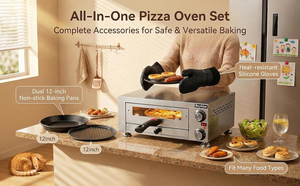 Electric Pizza Oven Indoor,12 inch Countertop Pizza Maker with Viewing Window,Stainless Steel Commercial Pizza Oven, Removable Handle,Dual Baking Trays and Oven Mitts
