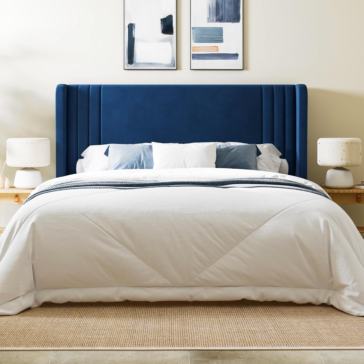 Allewie Full Size Velvet Platform Bed Frame with Vertical Tufted Wingback Headboard, Easy Assembly, Under Bed Storage, No Box Spring Required, Modern Style, Blue