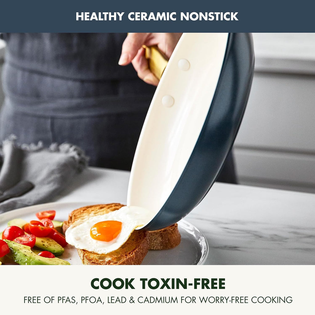 GreenPan Hard Anodized Healthy Ceramic Nonstick 8' 10' and 12' 3 Piece Frying Pan Skillet Set, Gold Handle, Induction, PFAS-Free, Dishwasher Safe, Oven Safe, Twilight Blue