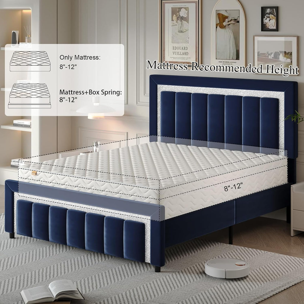 HOMBCK Full Size Bed Frame with Upholstered Headboard and Footboard, Full Size Upholstered Bed Frame with Diamond Design, No Box Spring Needed, Easy Assembly, Blue