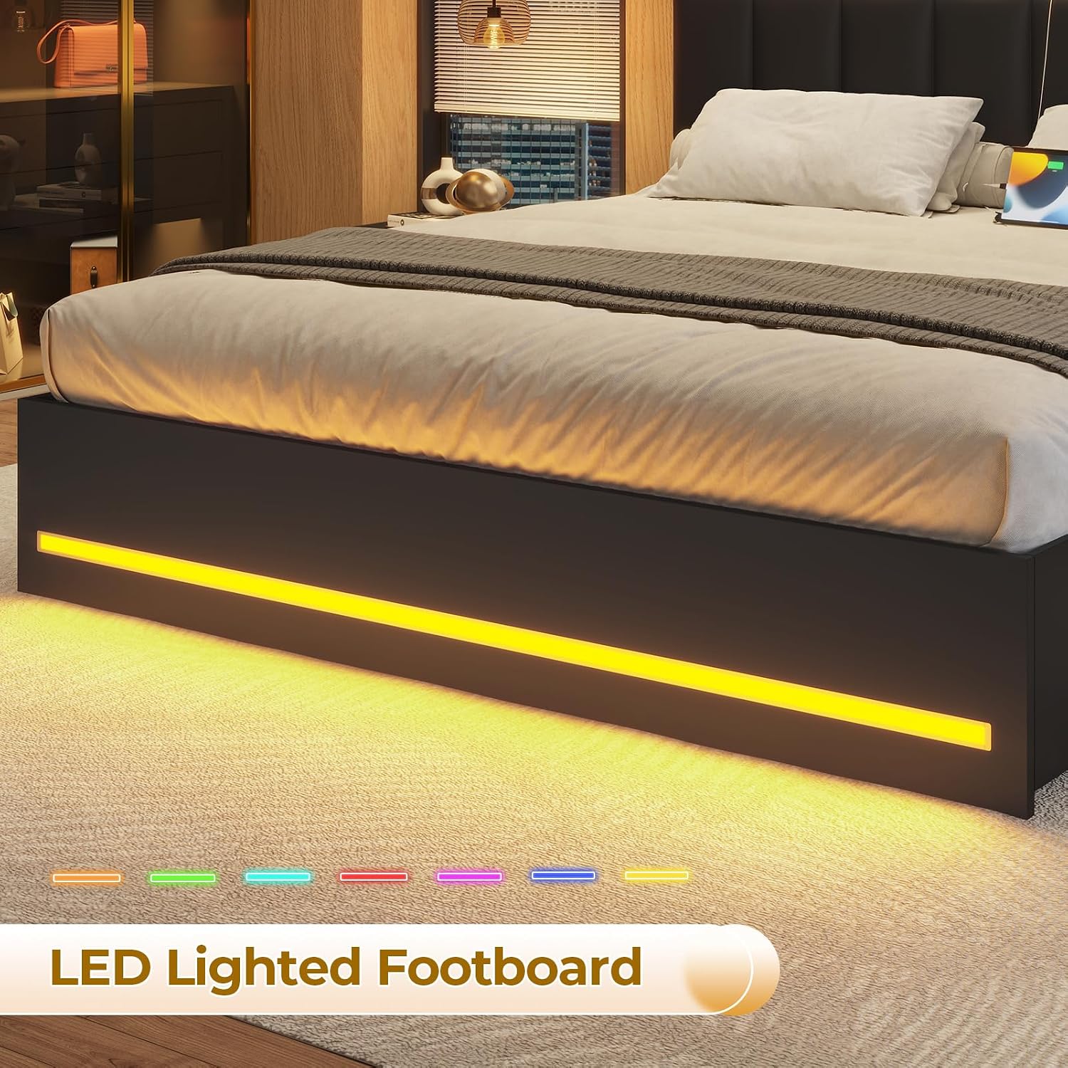 VIAGDO Full Size Bed Frame with Bookcase Headboard, Wooden Bed Frame Full Size with Charging Station, 4 Storage Drawers and LED Lights, with Type-C and USB, No Box Spring Needed, Black