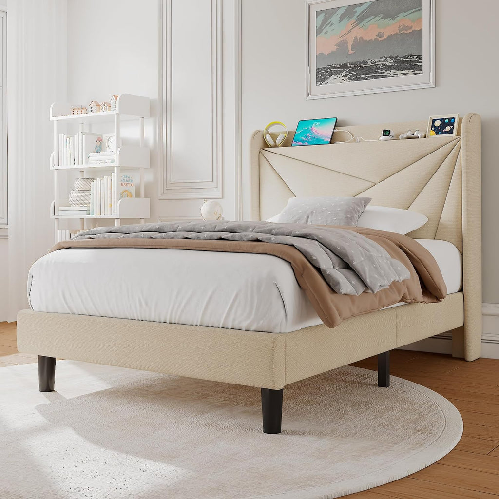 Einhomn Twin Size Upholstered Bed Frame with Charging Station, Platform Bed Frame with Storage Headboard, Solid Wood Slats Support, No Box Spring Needed, Beige