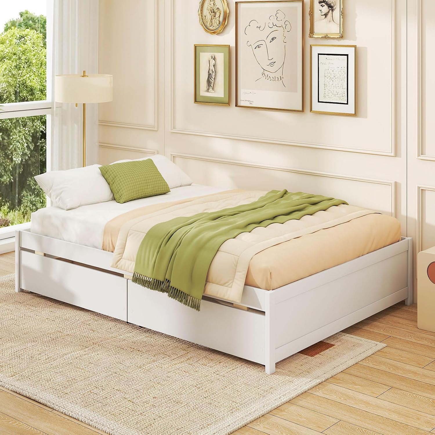 Giantex Full Size Bed Frame with 2 Storage Drawers, Solid Wood Platform Bed with Slats Support, Heavy Duty Daybed with Storage, No Box Spring Needed, Full Bed Frames for Teens Adults, White