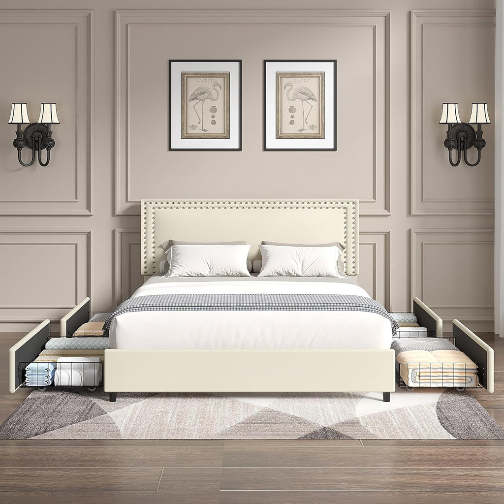 VECELO King Size Upholstered Bed Frame with 4 Storage Drawers, Adjustable Velvet Rivet Decor Headboard, Wooden Slats Platform Support, No Box Spring Needed, Easy Assembly,Beige