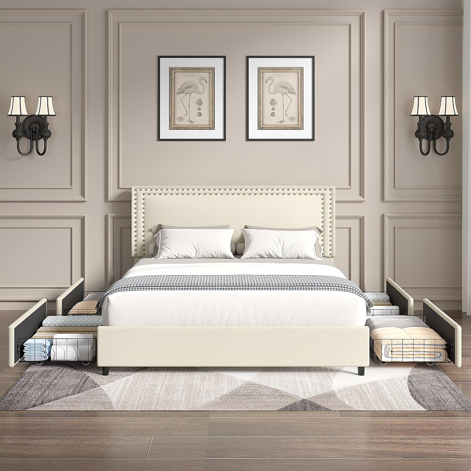 VECELO King Size Upholstered Bed Frame with 4 Storage Drawers, Adjustable Velvet Rivet Decor Headboard, Wooden Slats Platform Support, No Box Spring Needed, Easy Assembly,Beige