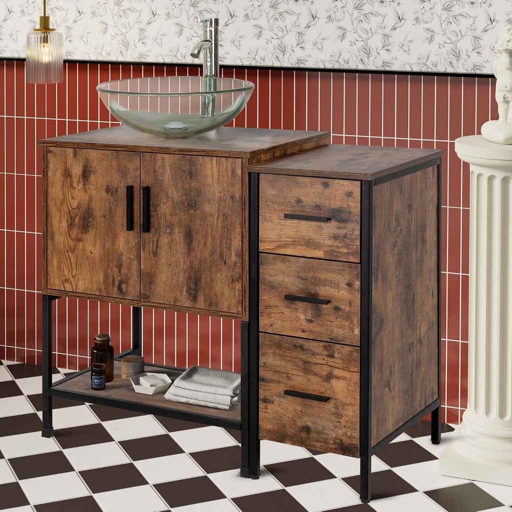 UEV 36' Antique Bathroom Vanity, Dark Brown Bathroom Vanity Set with Sink and 3 Drawers Side Cabinet Combo, Iron Wood Bathroom Cabinet with Adjustable Water Temperature Faucet (A16)