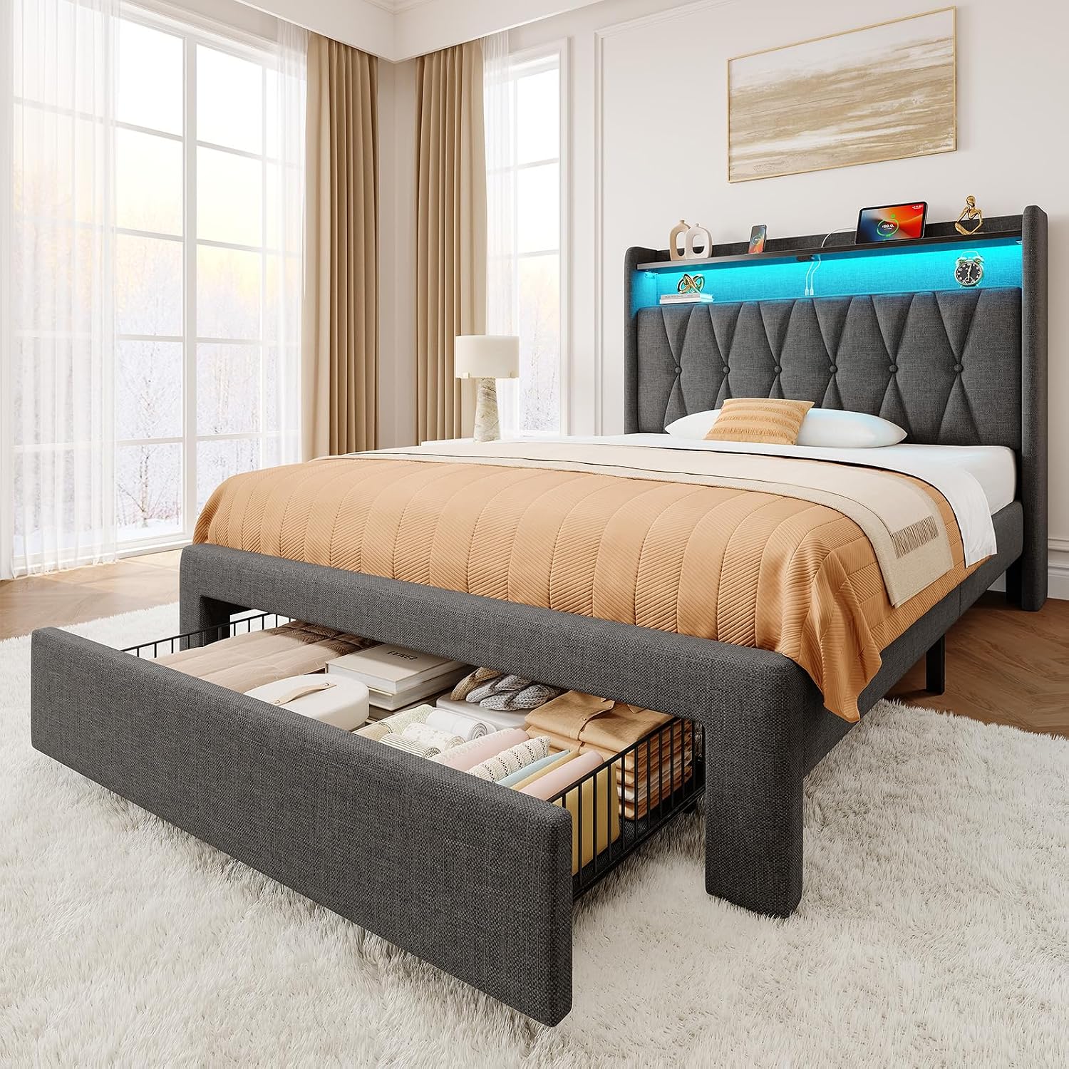 Rolanstar Twin Bed Frame with Drawer, Storage Headboard with Charging Station and LED Lights, Upholstered Bed with Heavy Duty Wood Slats, No Box Spring Needed, Noise Free, Easy Assembly, Dark Grey