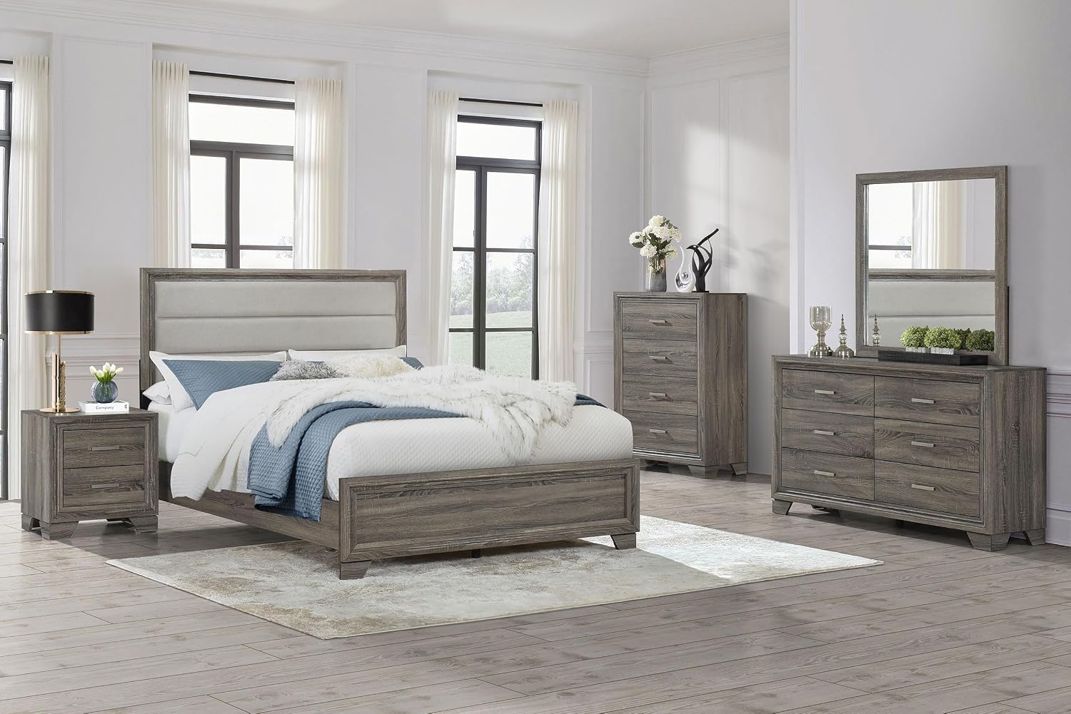 Coaster Home Furnishings Wright Transitional 5-Piece Bedroom Set Fabric Upholstered Eastern King Size Panel Bed Frame 52-inch Headboard Brown Oak 223341KE-S5