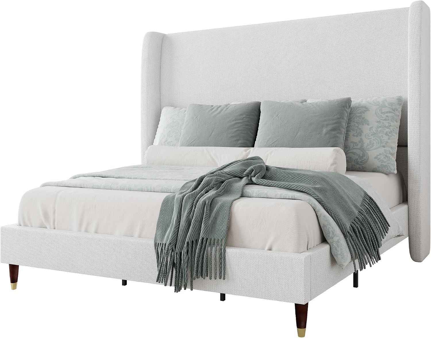 Jocisland Full Size Bed Frame 51.2' Wingback Headboard Linen Upholstered Platform Bed with Solid Wood Legs & Wooden Slats, No Box Spring Needed, Modern Minimalist Style, Easy Assembly, White